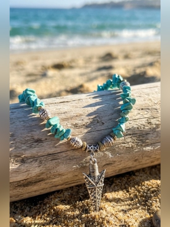 Artisan Jewelry - Genuine Turquoise Necklace with Arrowhead Pendant